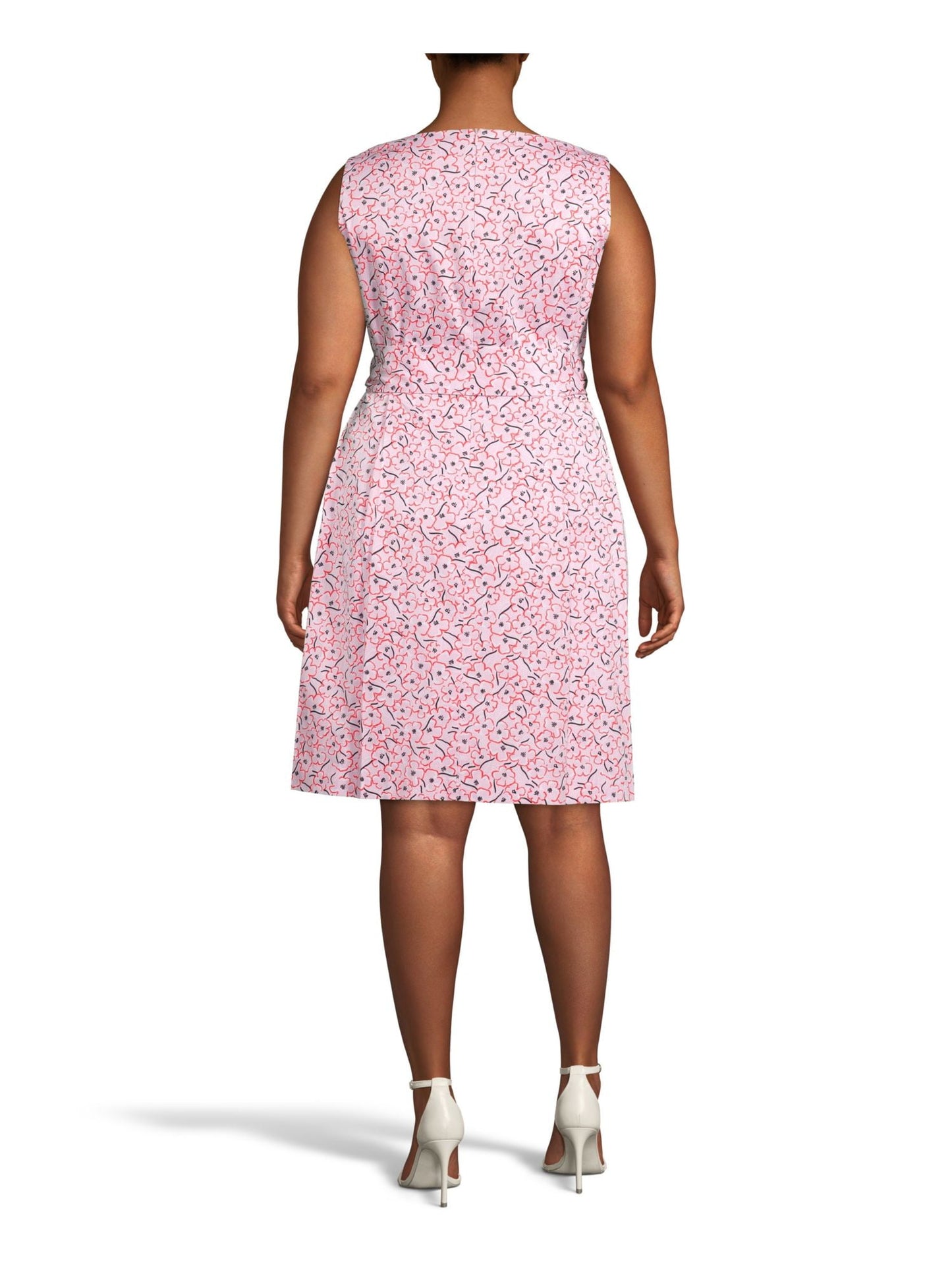 Vestido feminino Anne Klein com zíper e amarração floral, sem mangas, gola canoa, acima do joelho, ajuste flare, rosa, tamanho 18W