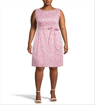 Vestido feminino Anne Klein com zíper e amarração floral, sem mangas, gola canoa, acima do joelho, ajuste flare, rosa, tamanho 18W