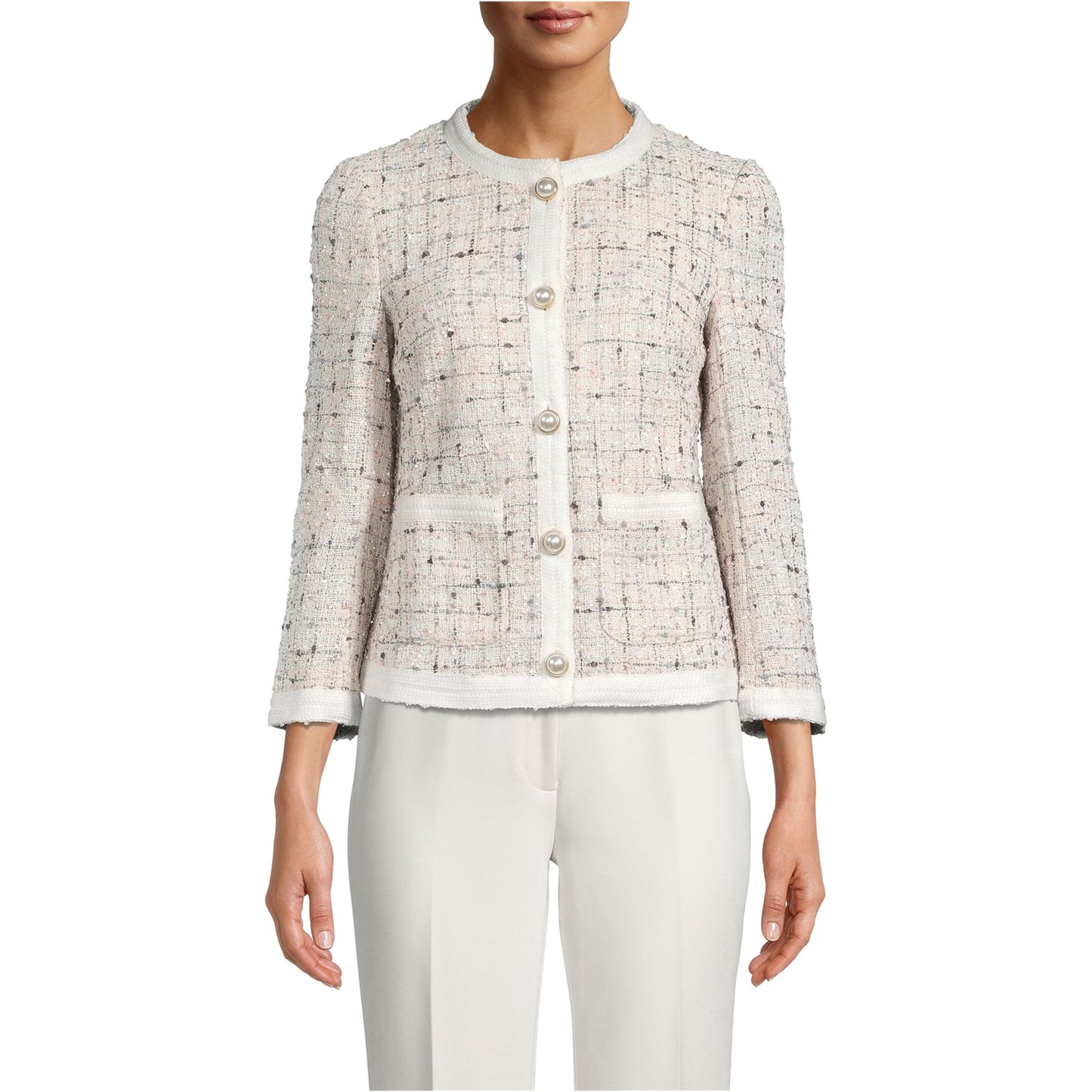 Blazer feminino Anne Klein de tweed com cinco botões, branco, tamanho 12