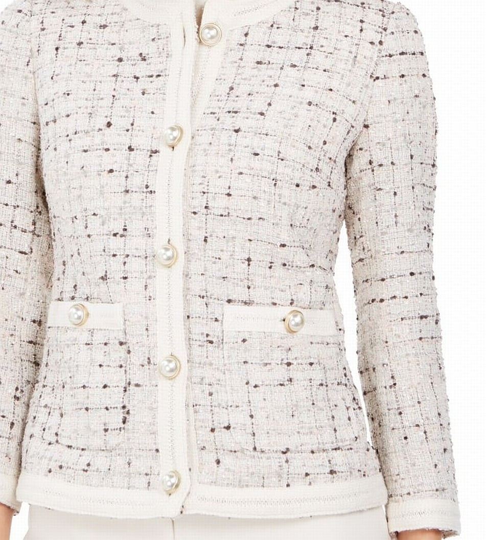 Blazer feminino Anne Klein de tweed com cinco botões, branco, tamanho 12