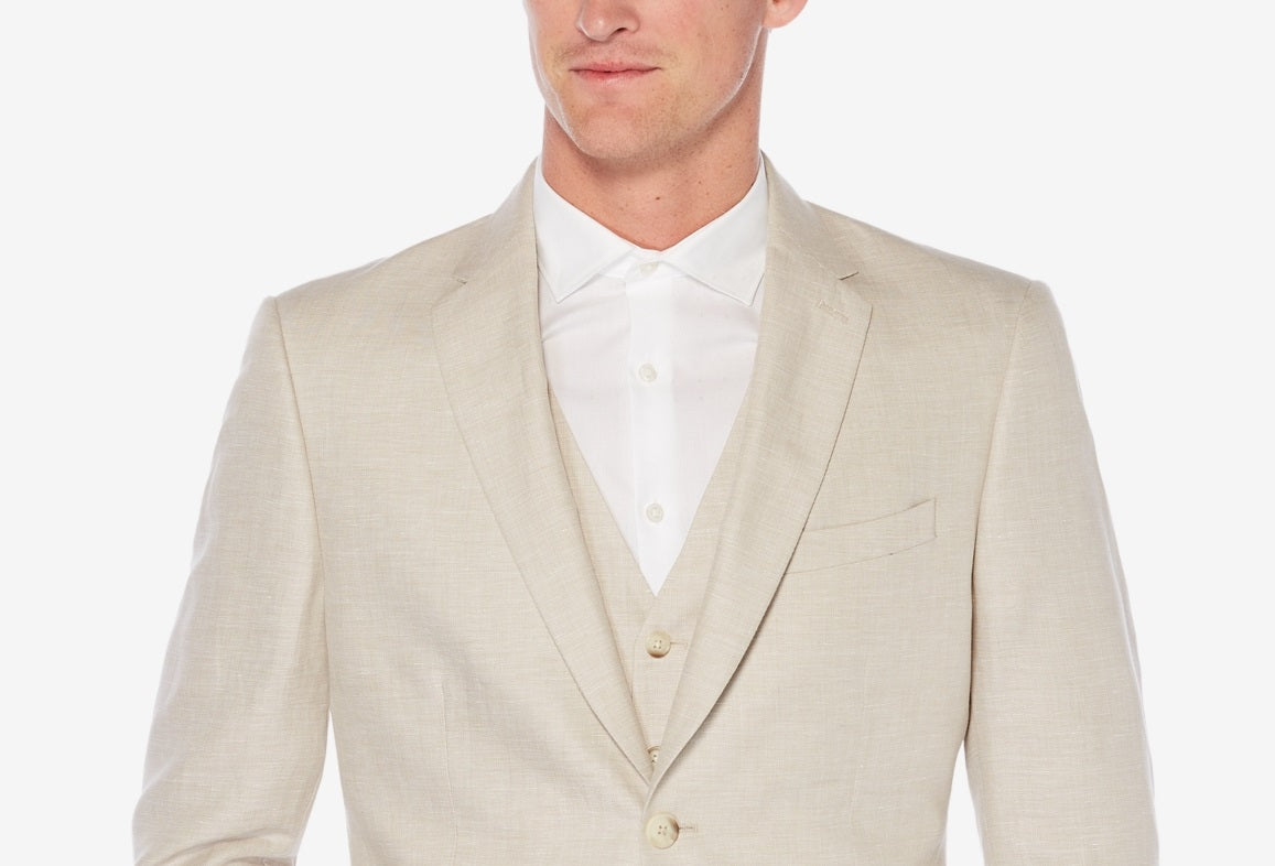 Perry Ellis Portfolio Blazer Masculino de Linho Espinha de Peixe Marrom Tamanho 40