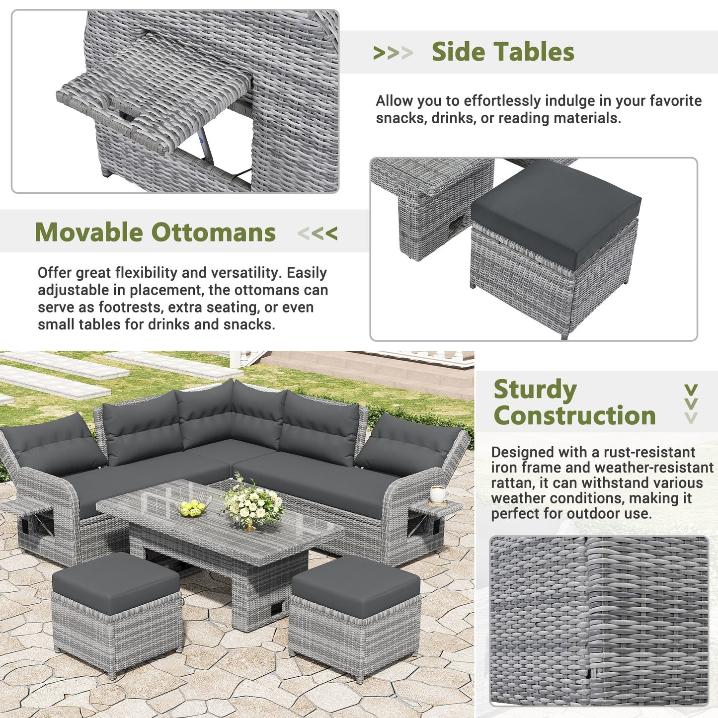 Outdoor Furniture Set Patio Rattan with Recliners and Tables