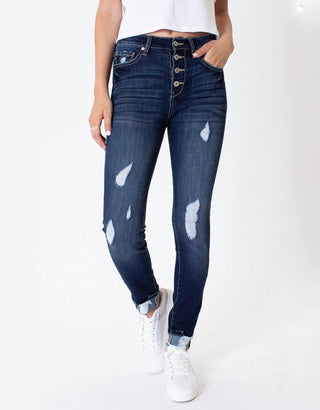 Kancan - Calça jeans skinny super skinny desgastada de 4 botões e cintura alta
