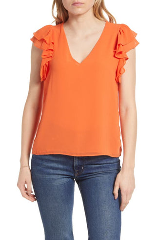 1STATE Ruffle Short Sleeve V-Neck Top - Tiger Orange