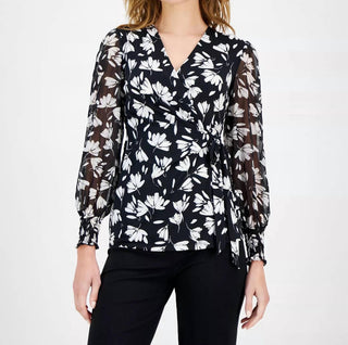 Anne Klein - Mixed Media Faux-wrap Top