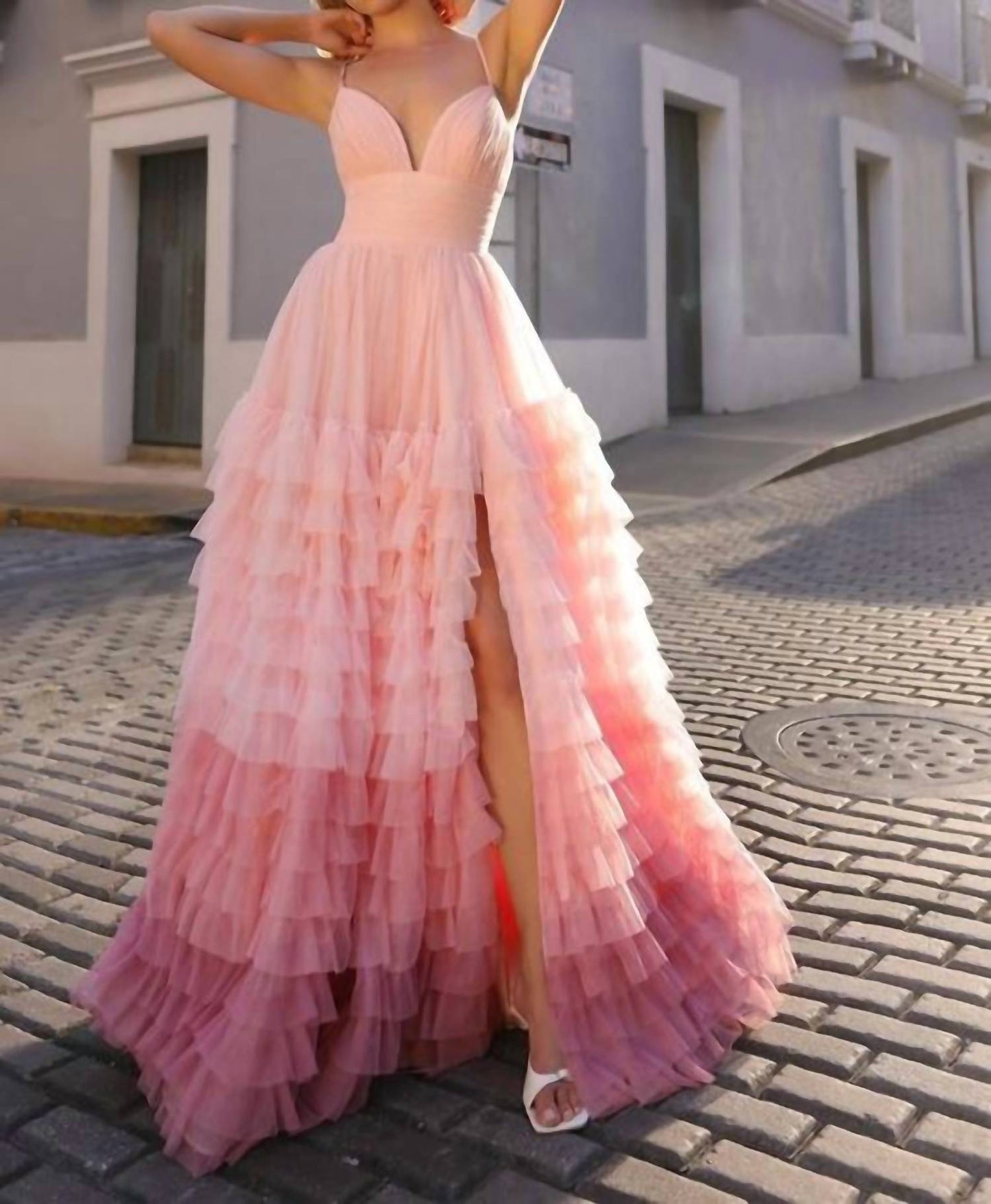 Nox Anabel - Spaghetti Strap Ruffled gown with a slit