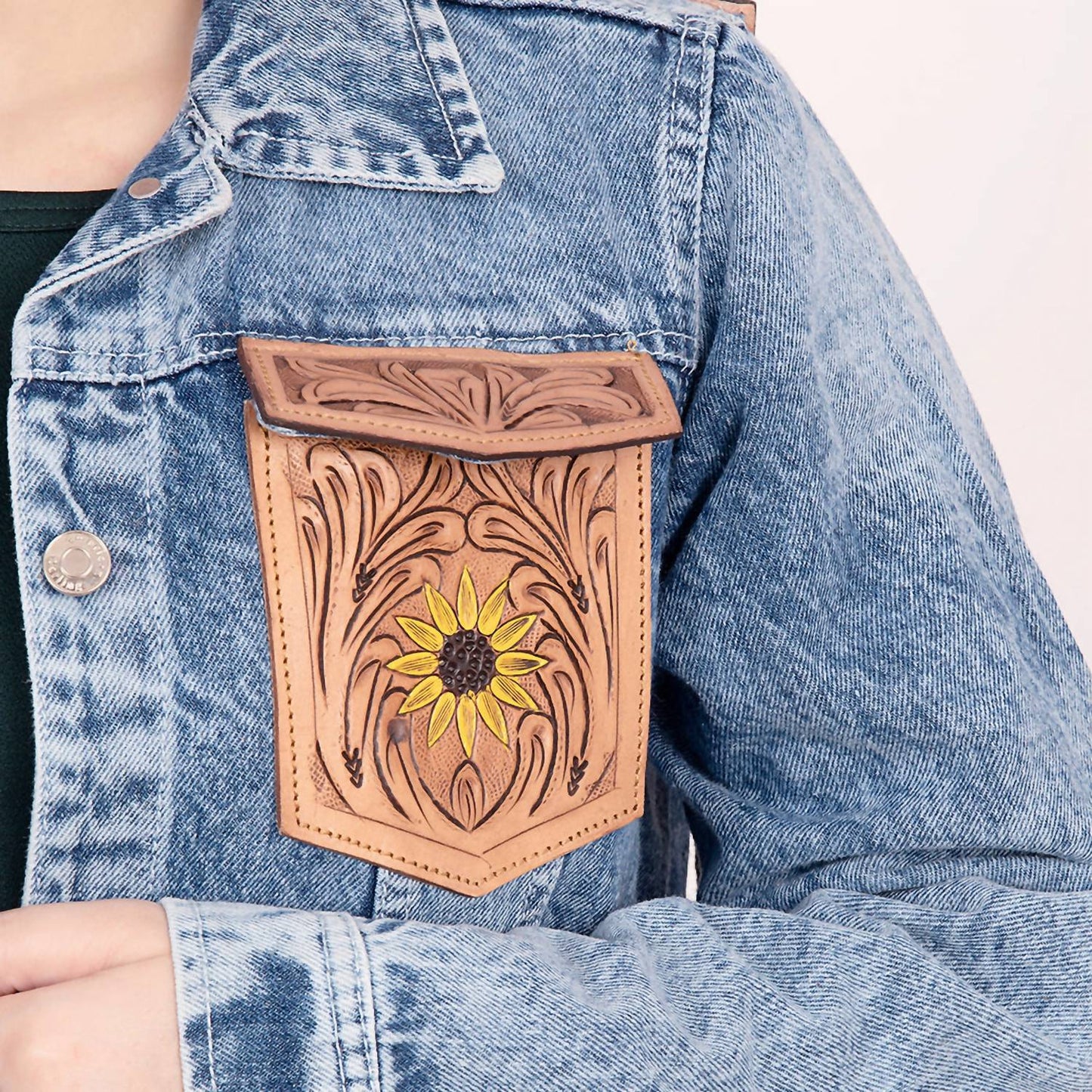 American Darling - Genuine Leather Hand Tooled Carved Denim Jacket