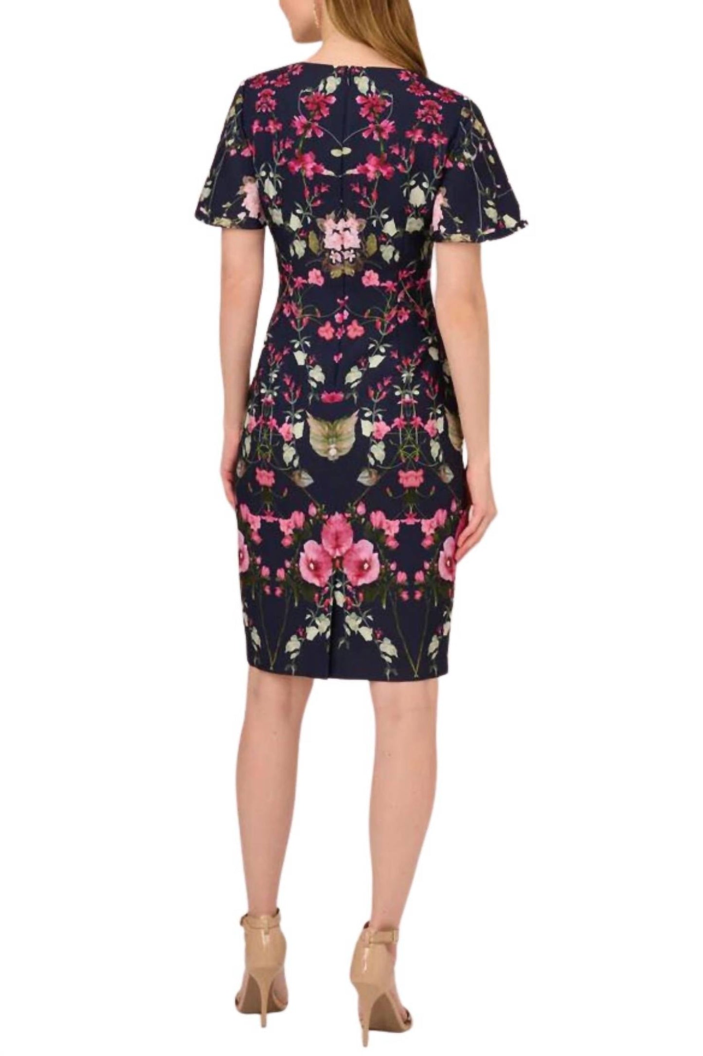 Adrianna Papell - Floral Print Crepe Sheath Midi Dress