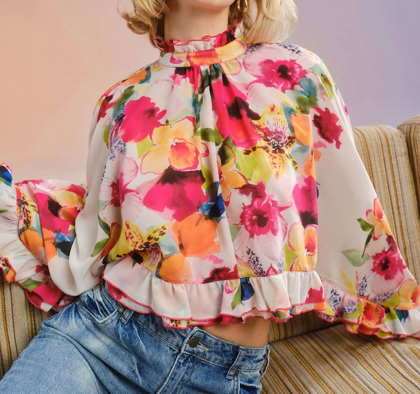 Theo The Label - Theia Orchid Print Ruffle Blouse