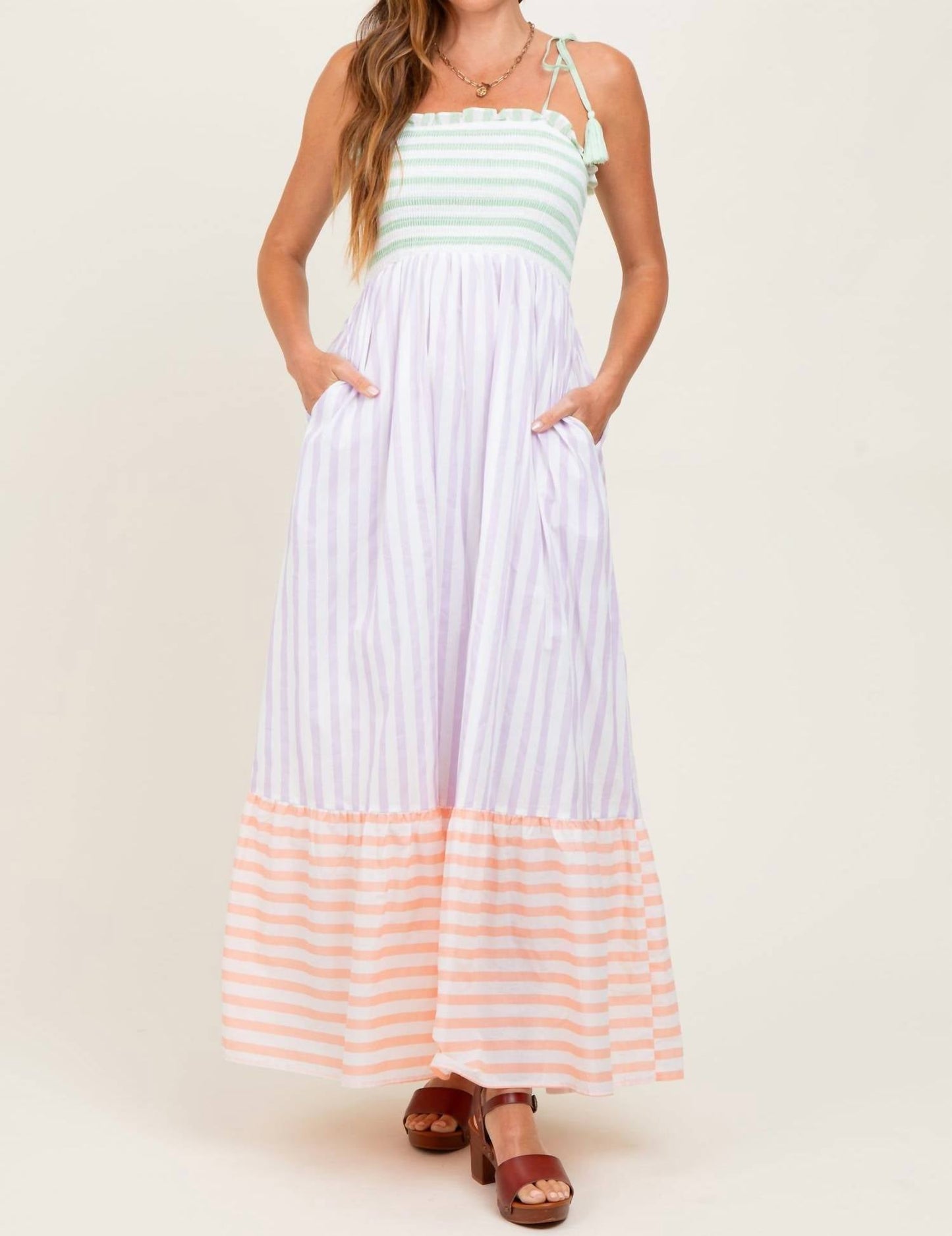 In February - Sherbert Striped Shoulder Tie Maxi Dress