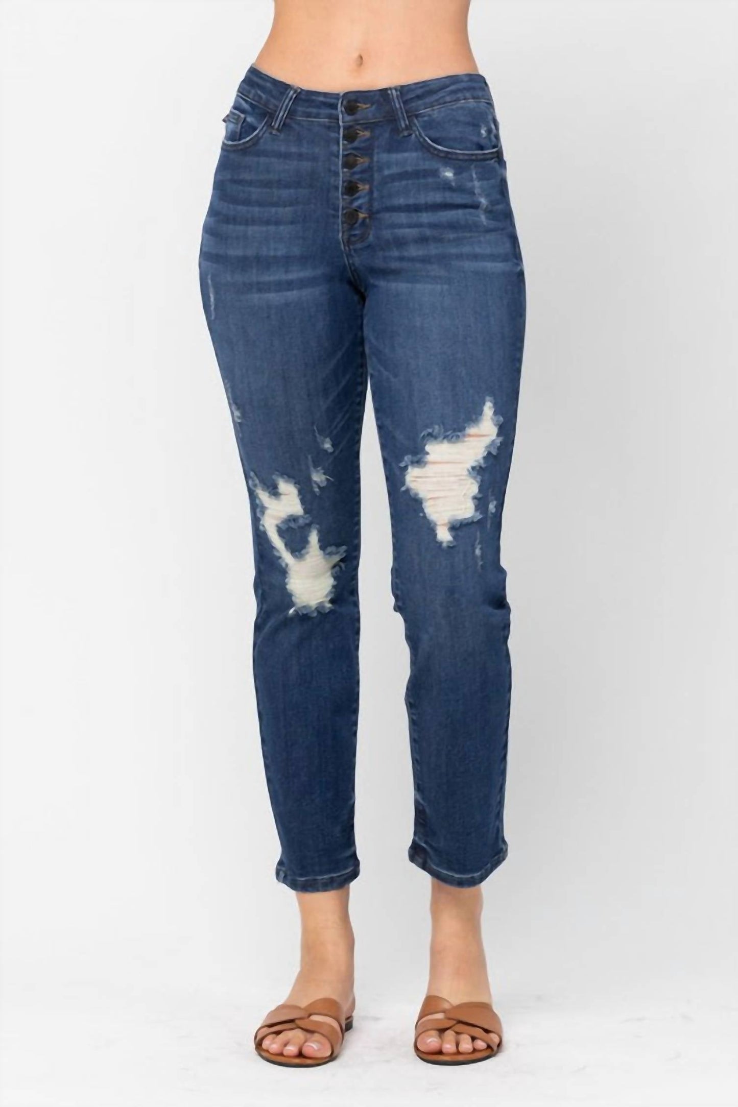 Judy Blue - High Waist Zigzag And Button Fly Destroyed Boyfriend Jeans