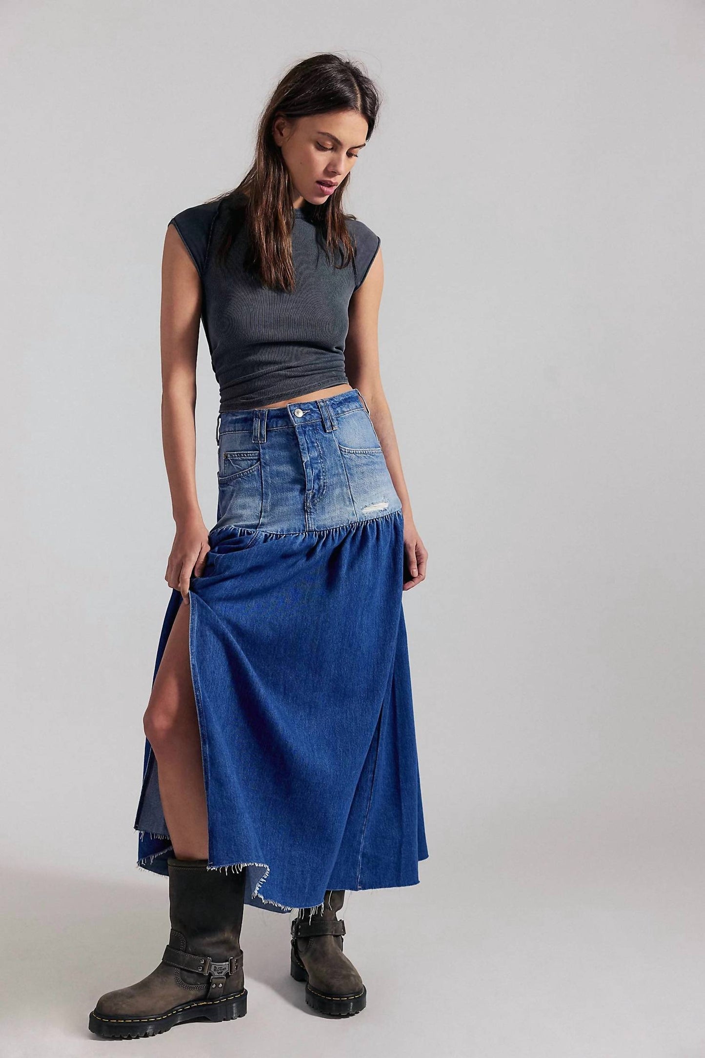 Free People - Good Company Mixed Denim Maxi Skirt