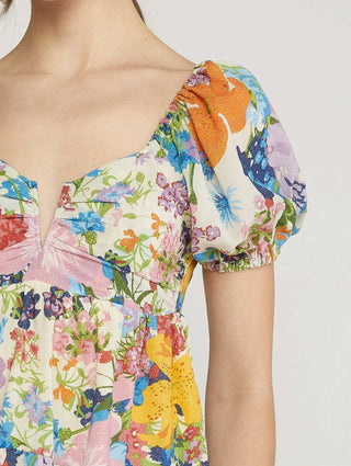 Entro - Floral Print V-neck Puff Sleeve Babydoll Dress