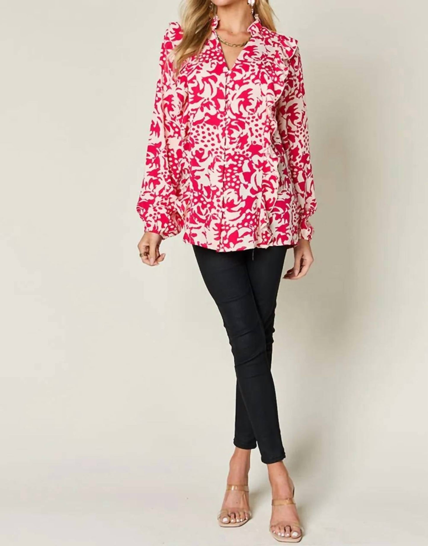 Double Take - Full Size Printed Ruffle Trim Balloon Sleeve Shirt