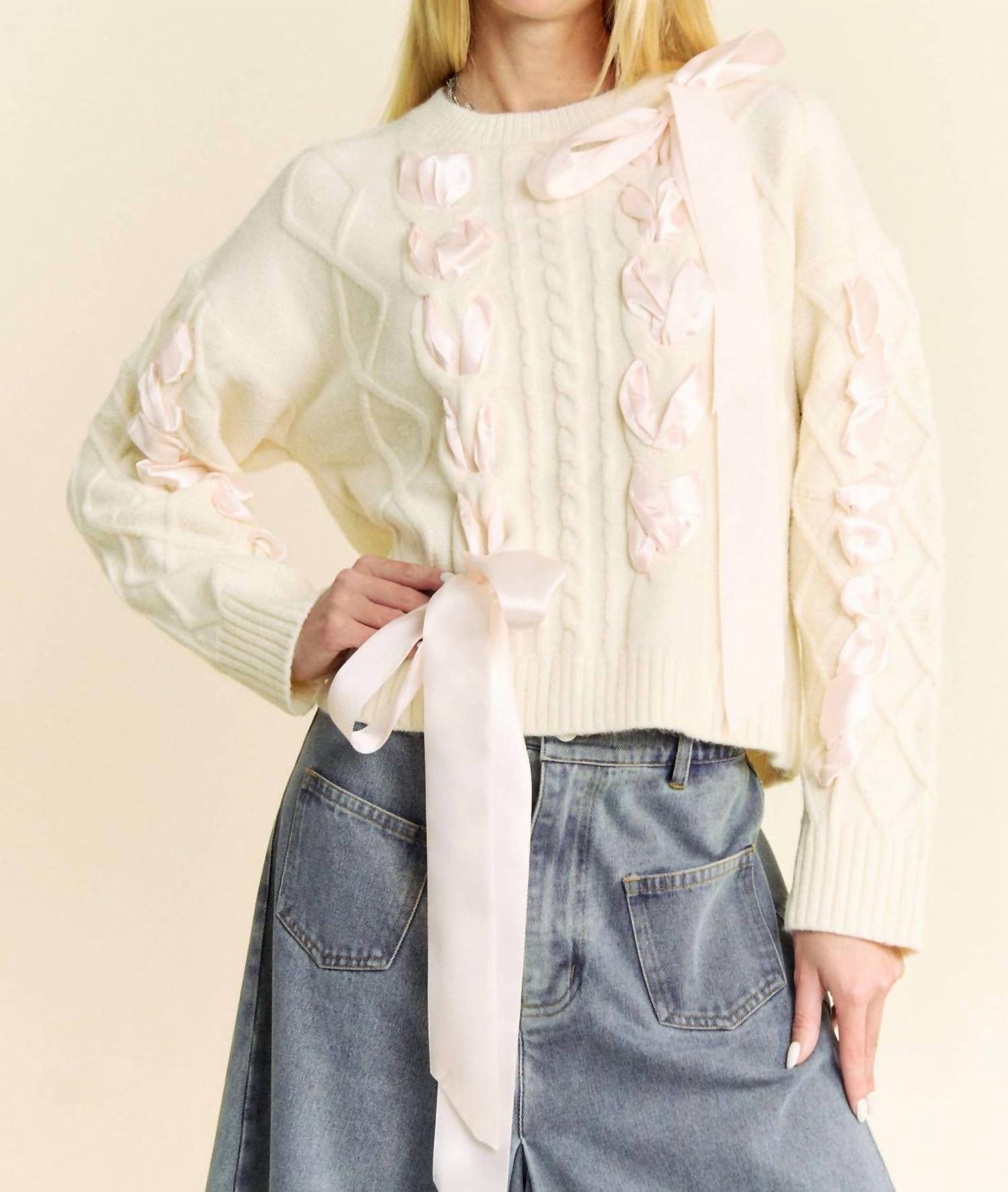 Davi & Dani - CHUNKY CABLE RIBBON TAPE LACE UP PULLOVER SWEATER