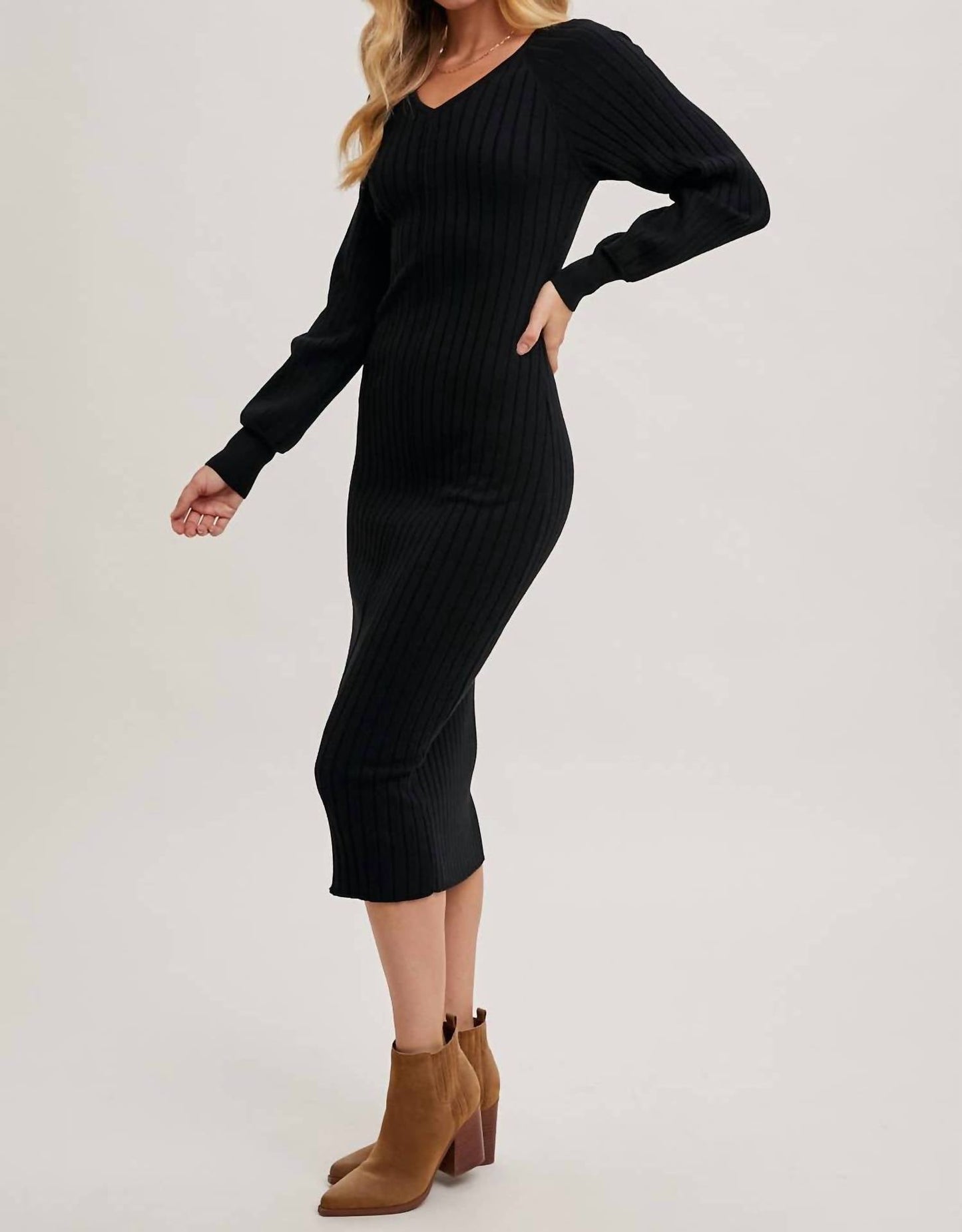 Bluivy - Women's V Neck Ribbed Knit Sweater Midi Dress