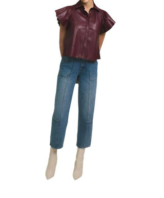 Elan - Blusa de couro sintético com mangas esvoaçantes