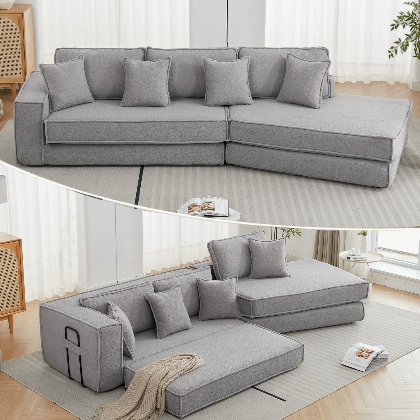 Folding Convertible 3-Seat Sleeper Sofa Bed in Gray
