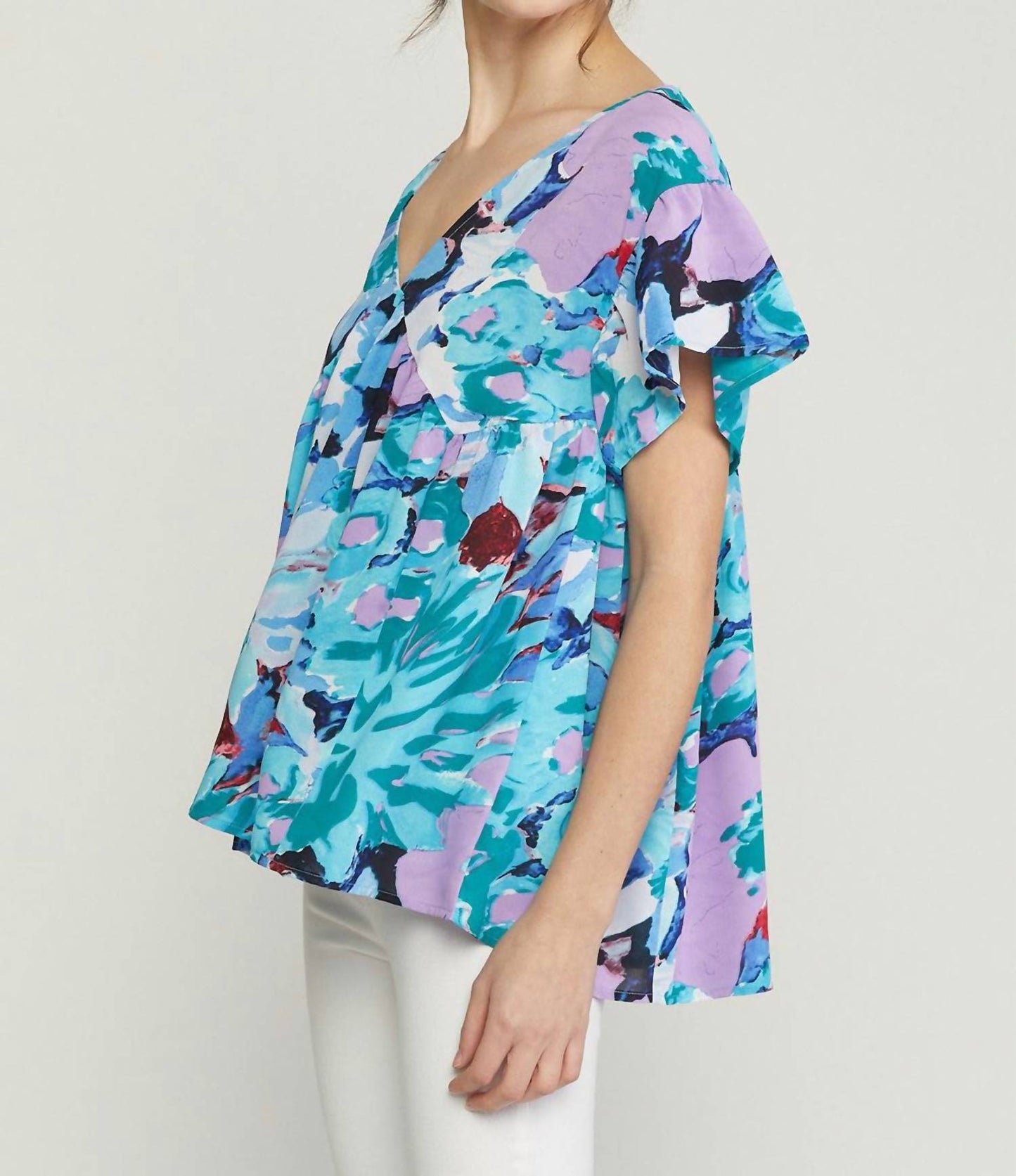 Entro - Floral Babydoll Ruffle Sleeve Top