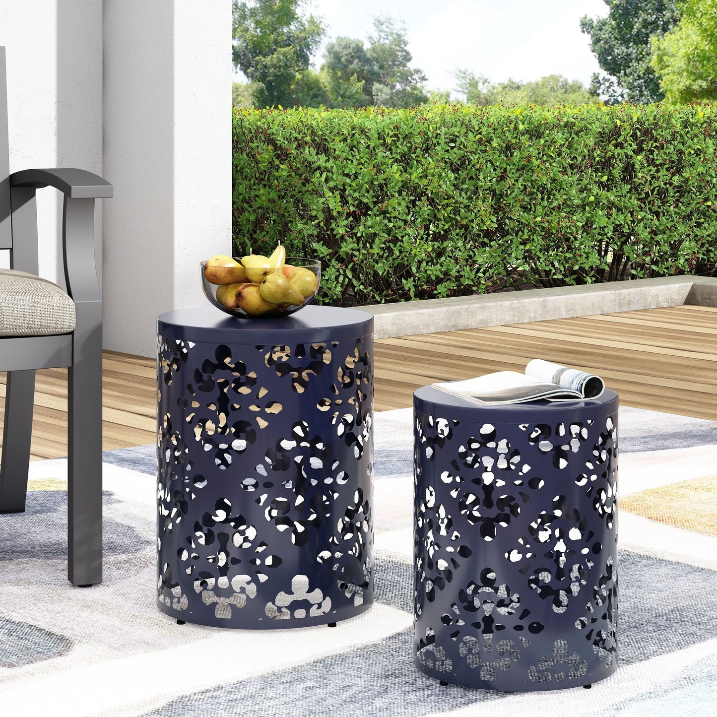 Modern Iron Cut Design End Table Set of 2 - Navy Blue