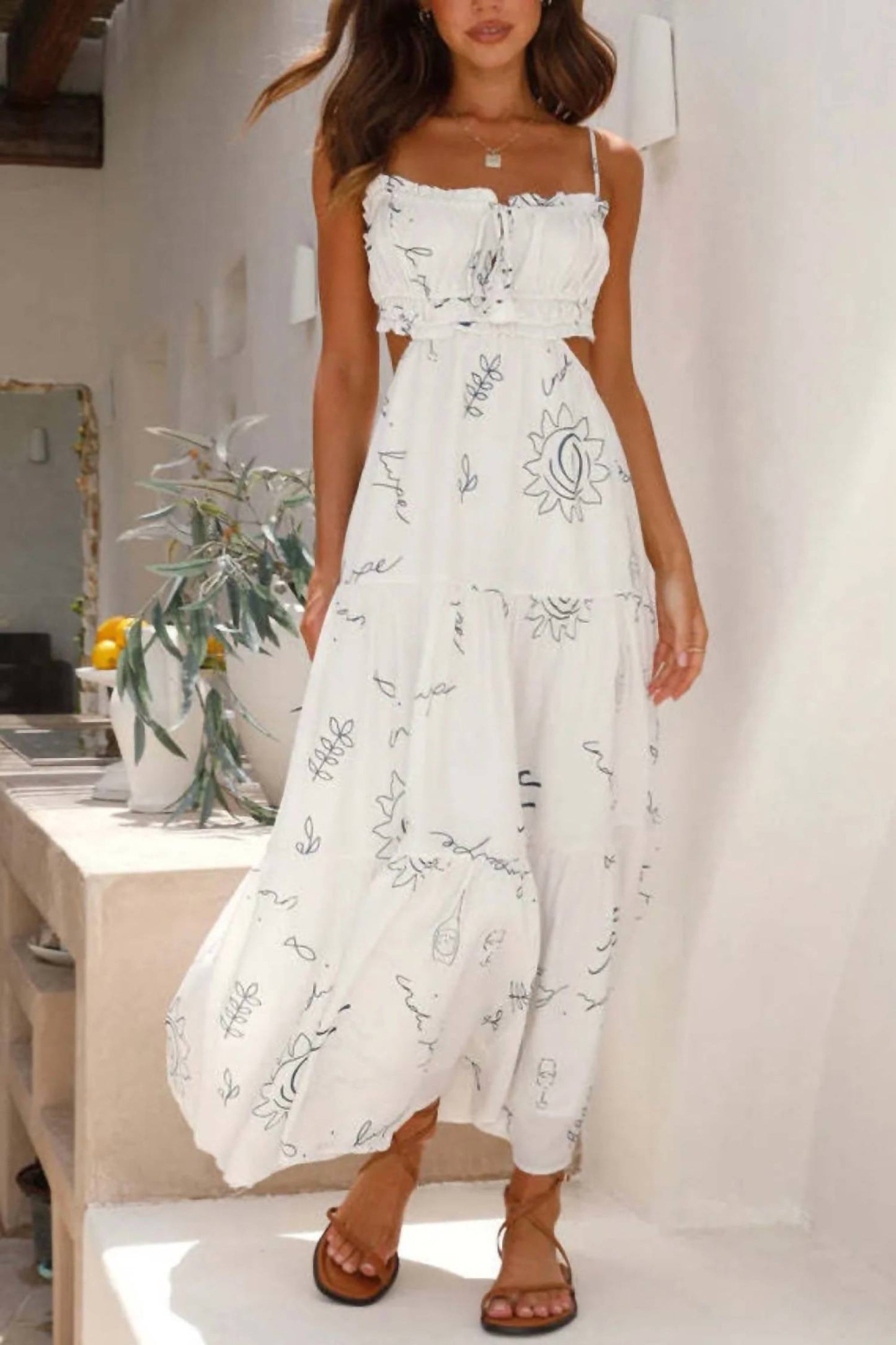 Trendsi - Cutout Printed Sleeveless Midi Cami Dress