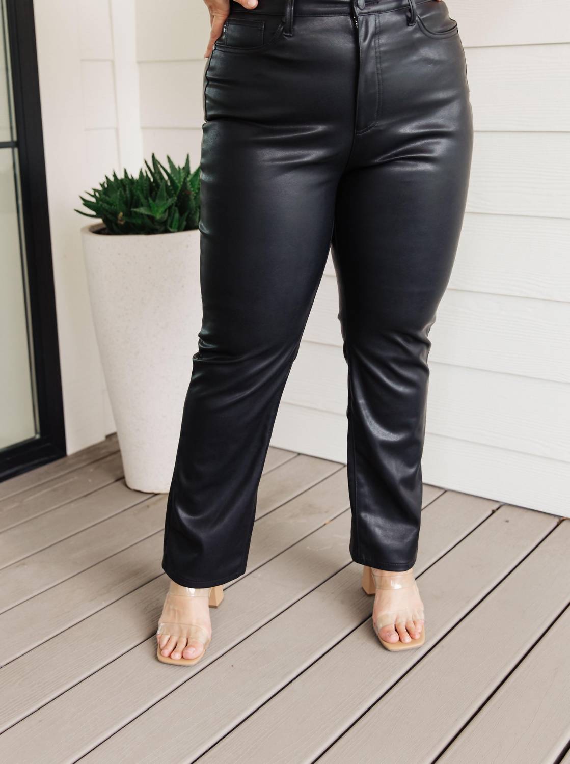 Judy Blue - Women's High Waist Tummy Control Faux Leather Straight Leg Pants