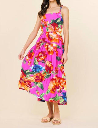 Skies Are Blue - Braided Strap Floral Print Midi Dress