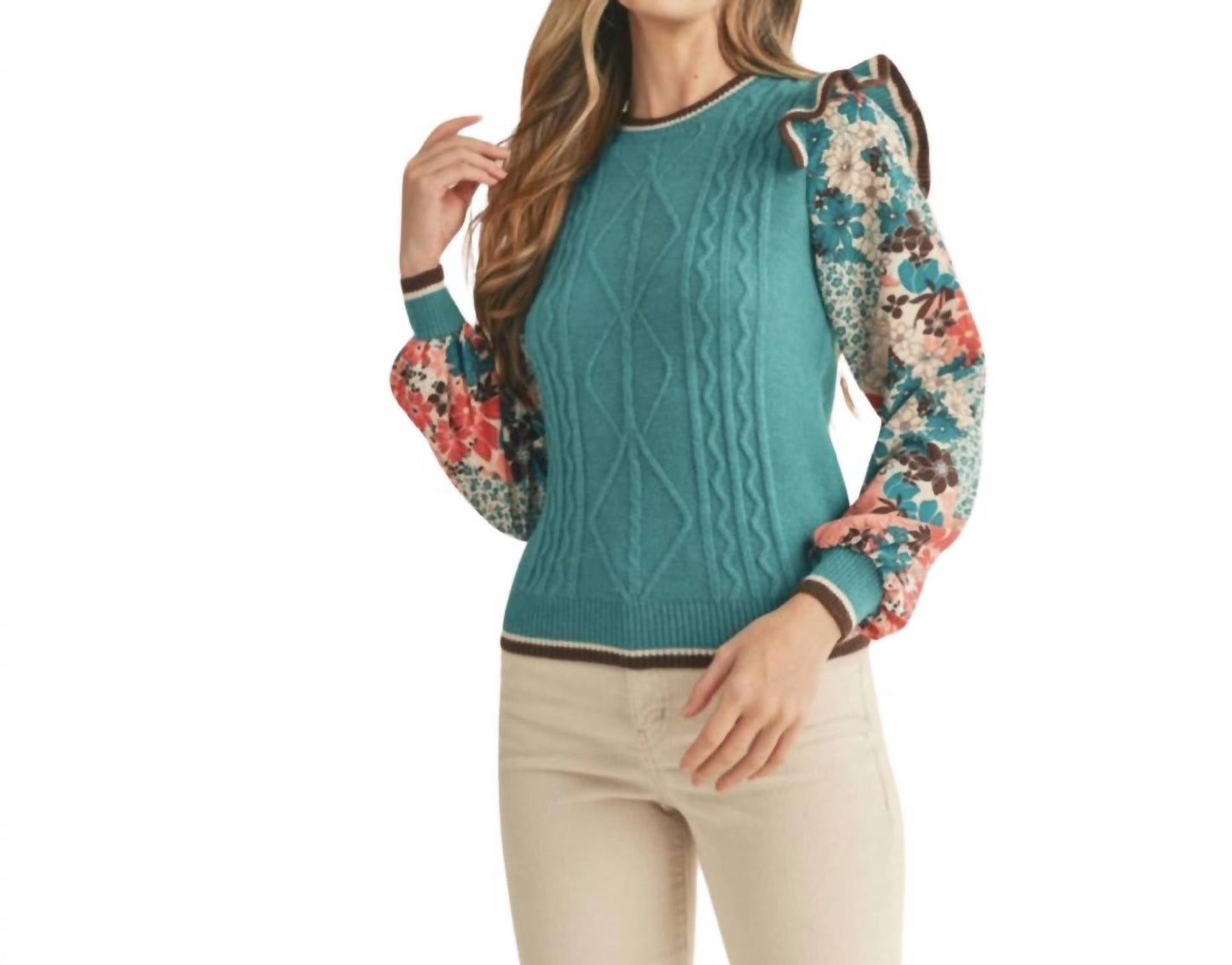 &Merci - Knit Sweater With Woven Floral Sleeves