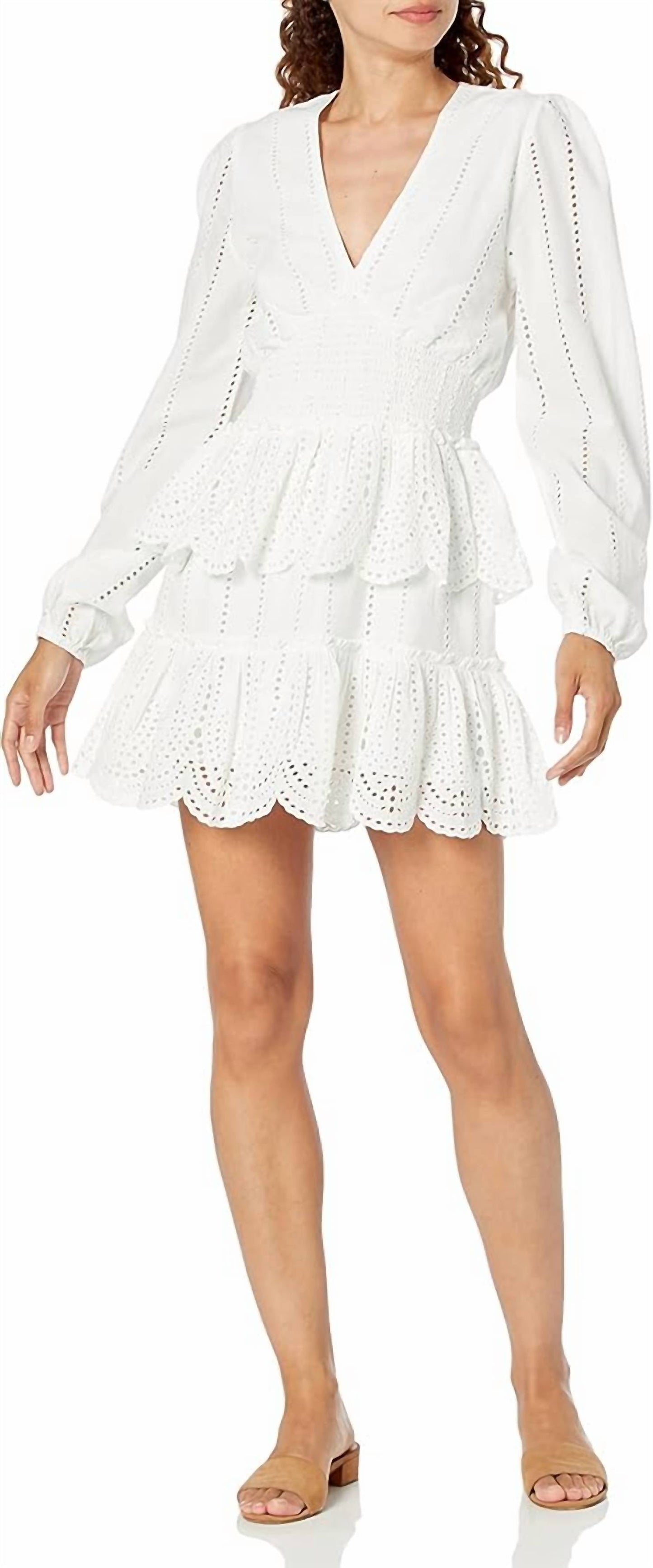 Steve Madden - Longsleeve V-neck Eyelet Tiered Dress