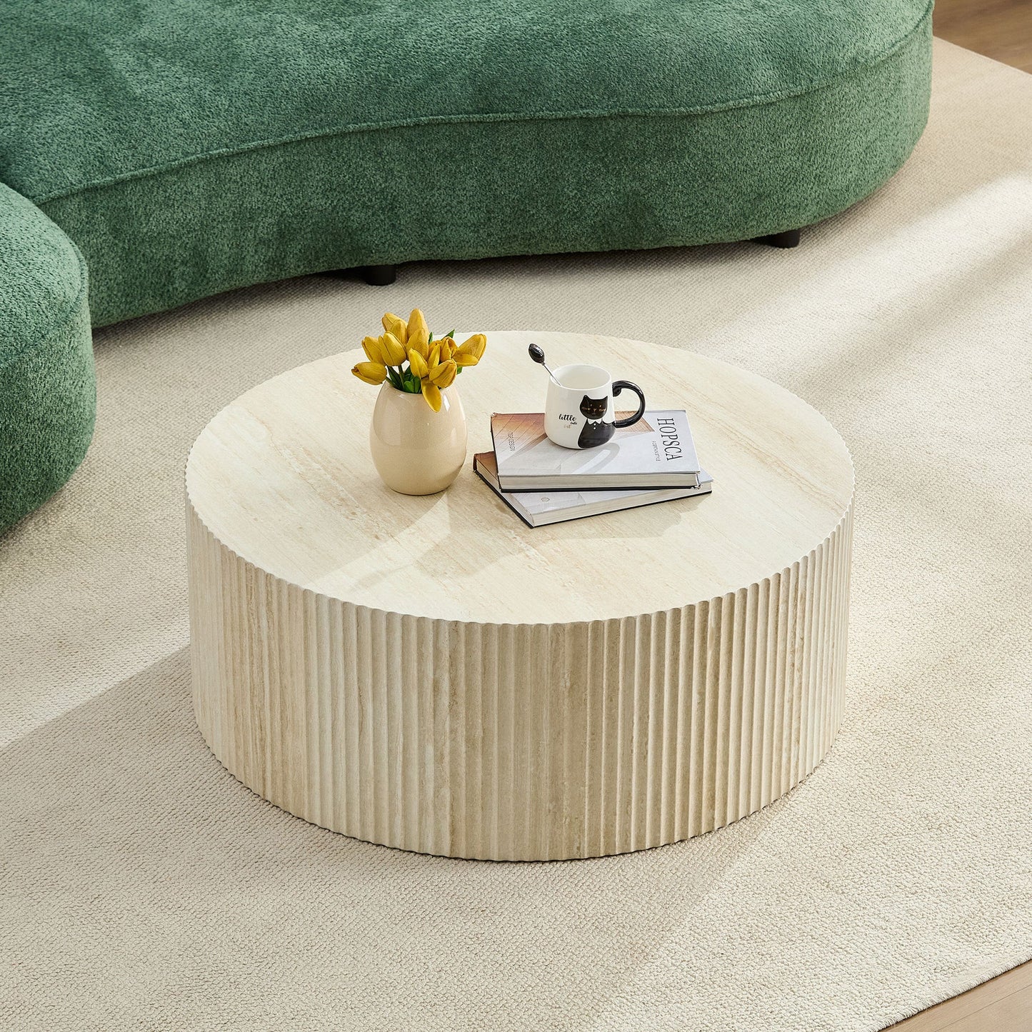 Faux Travertine Round Coffee Table with Eye-Catching Relief Design
