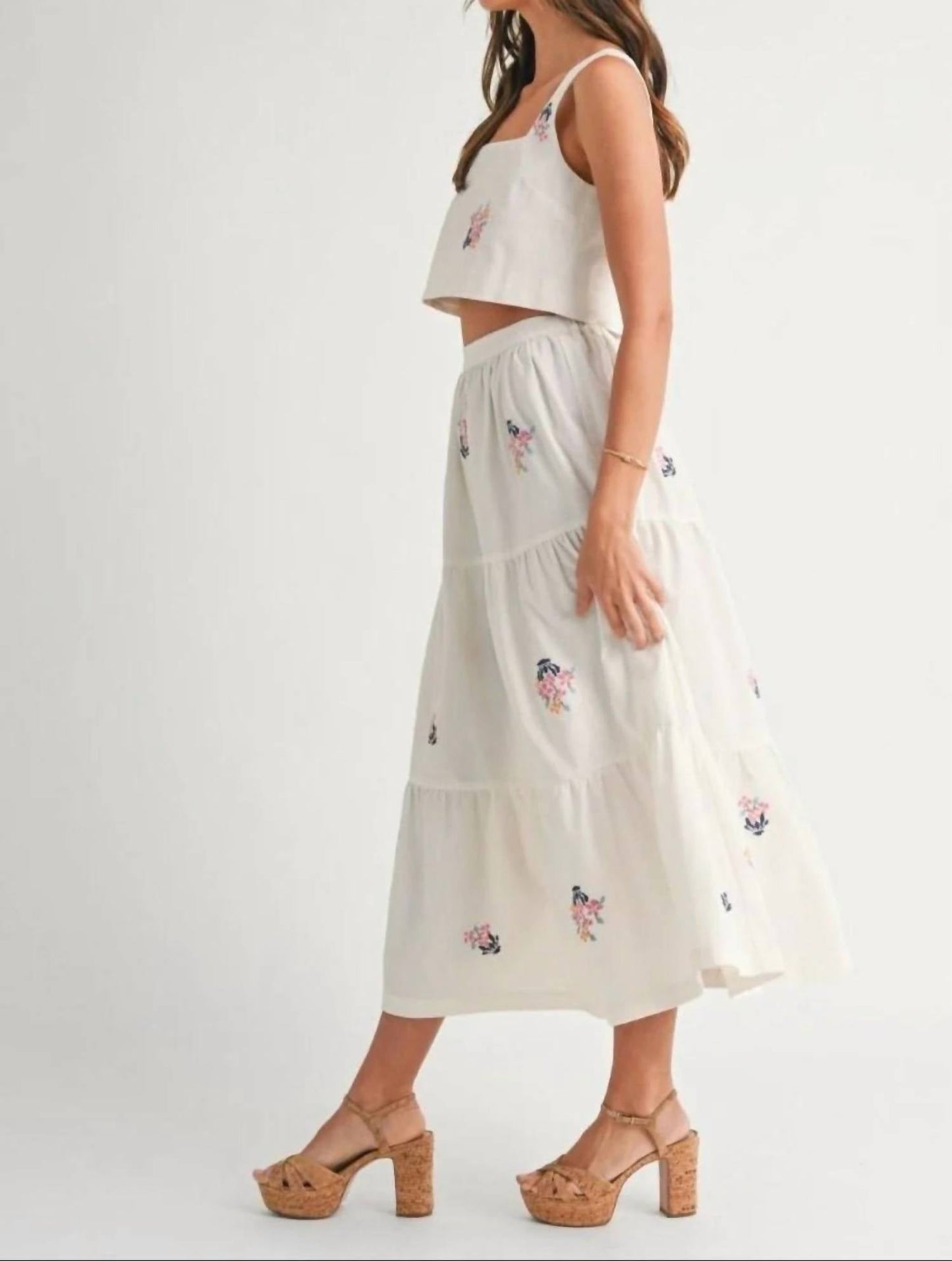 Mable - Madison Embroidered Crop Top And Midi Skirt Set