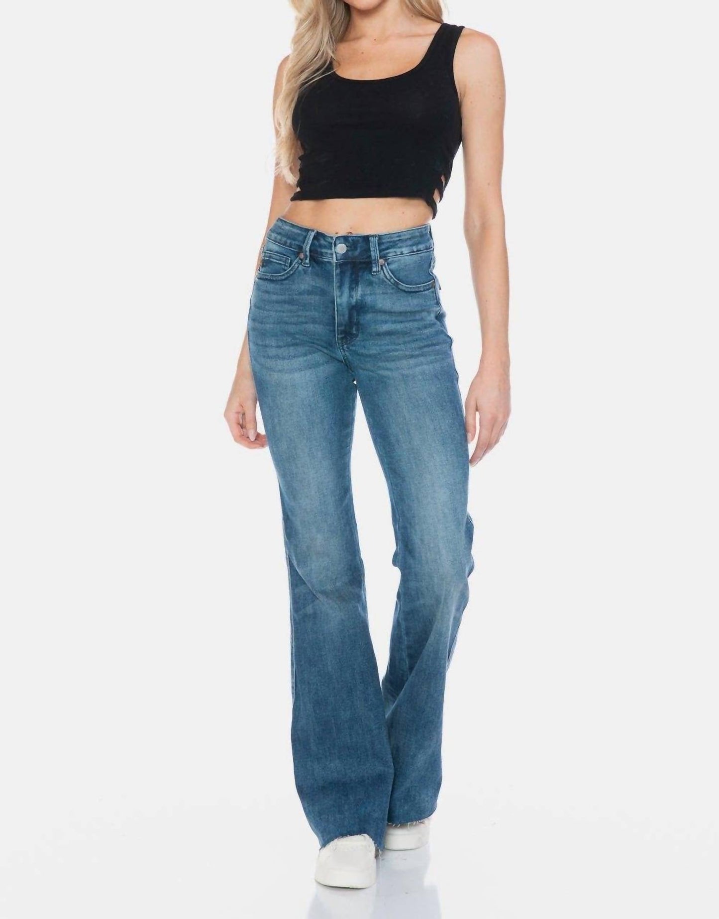 Judy Blue - Mid Rise Medium Wash Tummy Control Cut Hem Flare