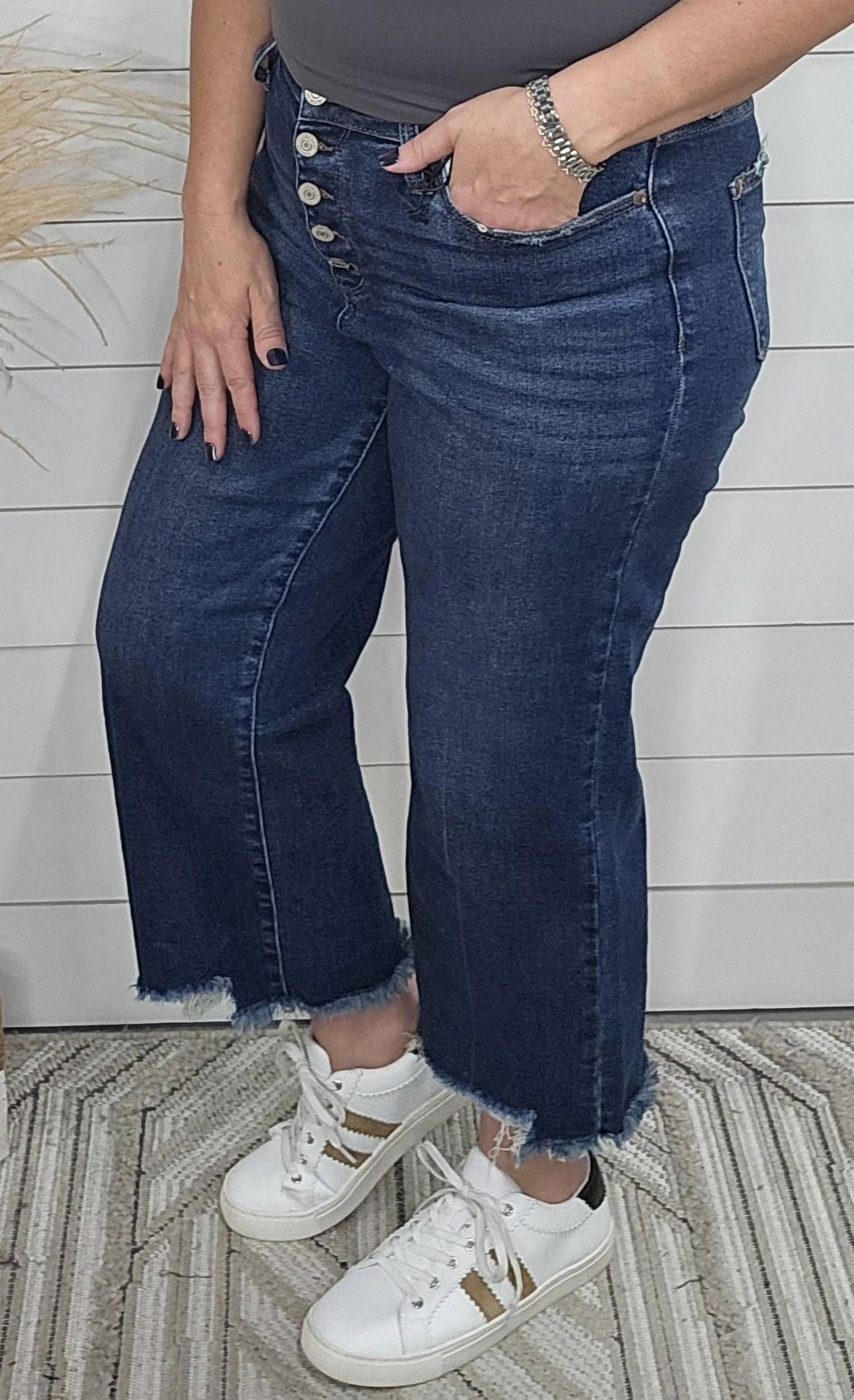 Judy Blue - Women's High Waist Button Fly Distressed Hem Crop Jeans