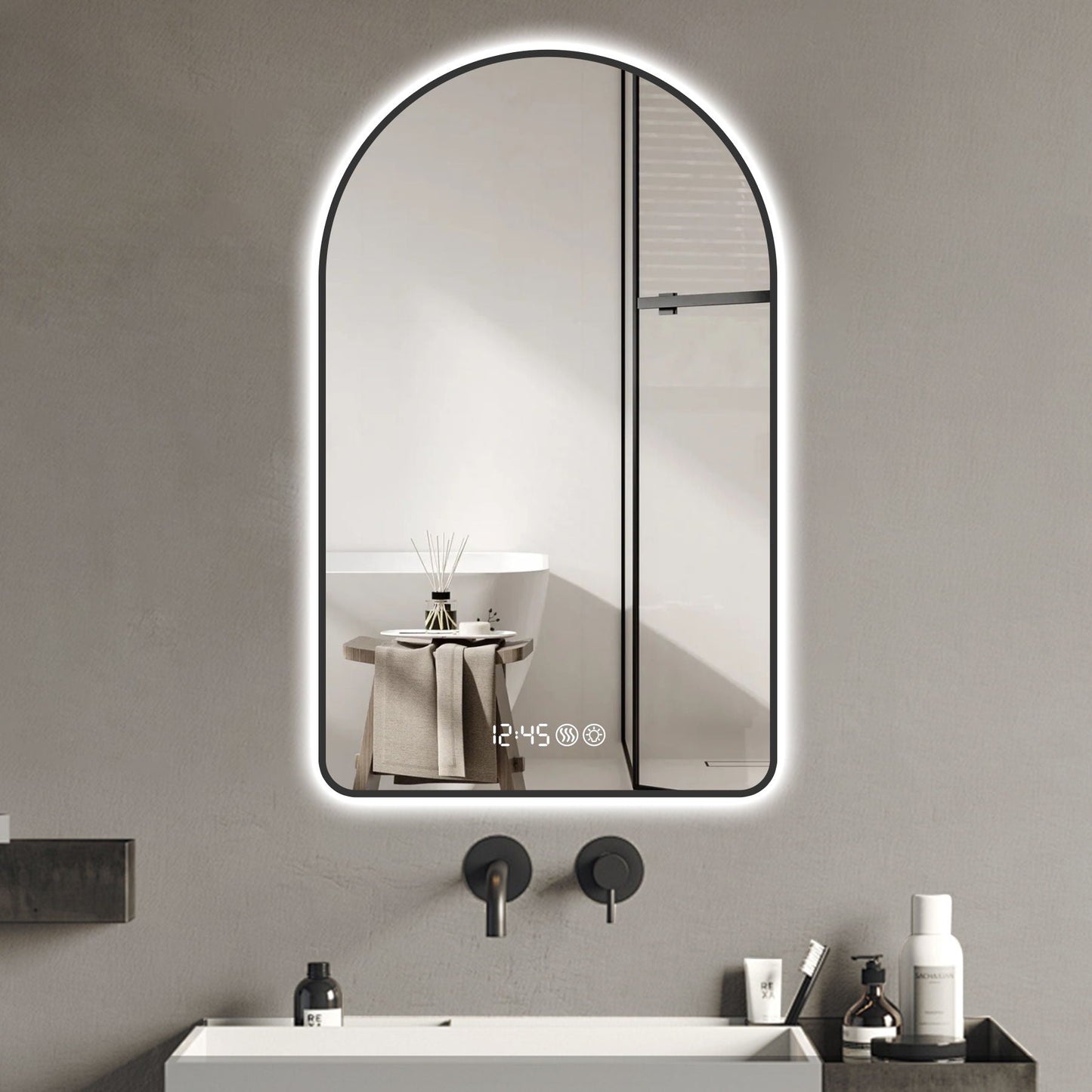 Arched LED Vanity Mirror With Time & Temperature Display