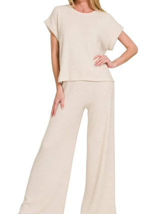 Trendsi - Conjunto de blusa e calça Zenana com mangas dobradas