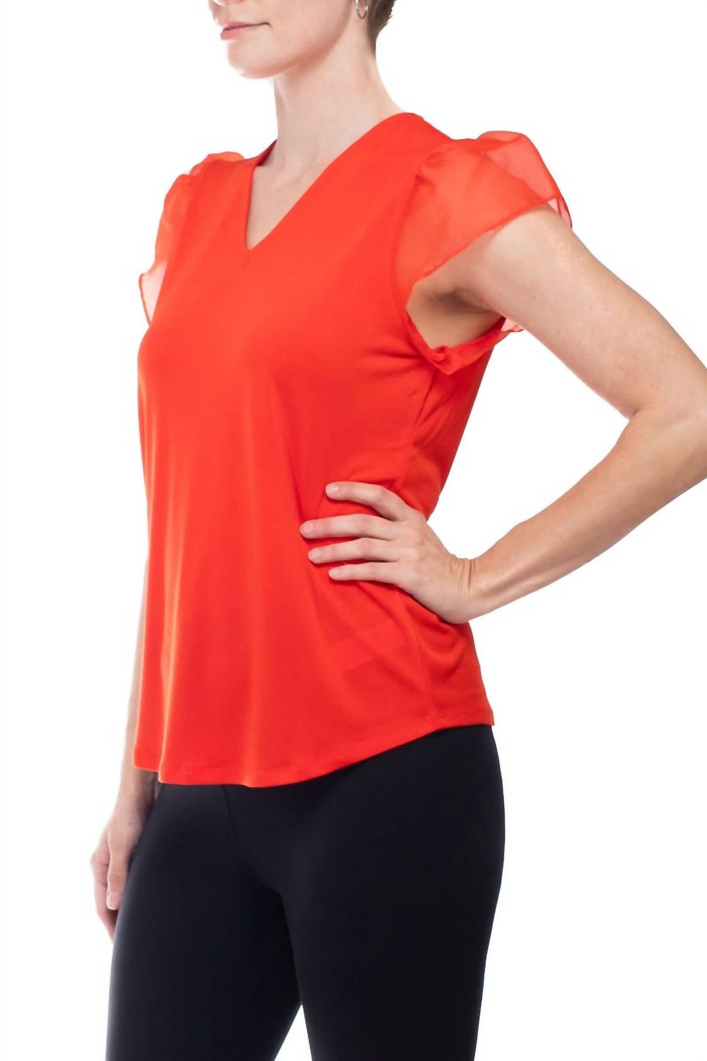 Adrianna Papell - V-neck Organza Flutter Sleeve Solid Moss Crepe Top