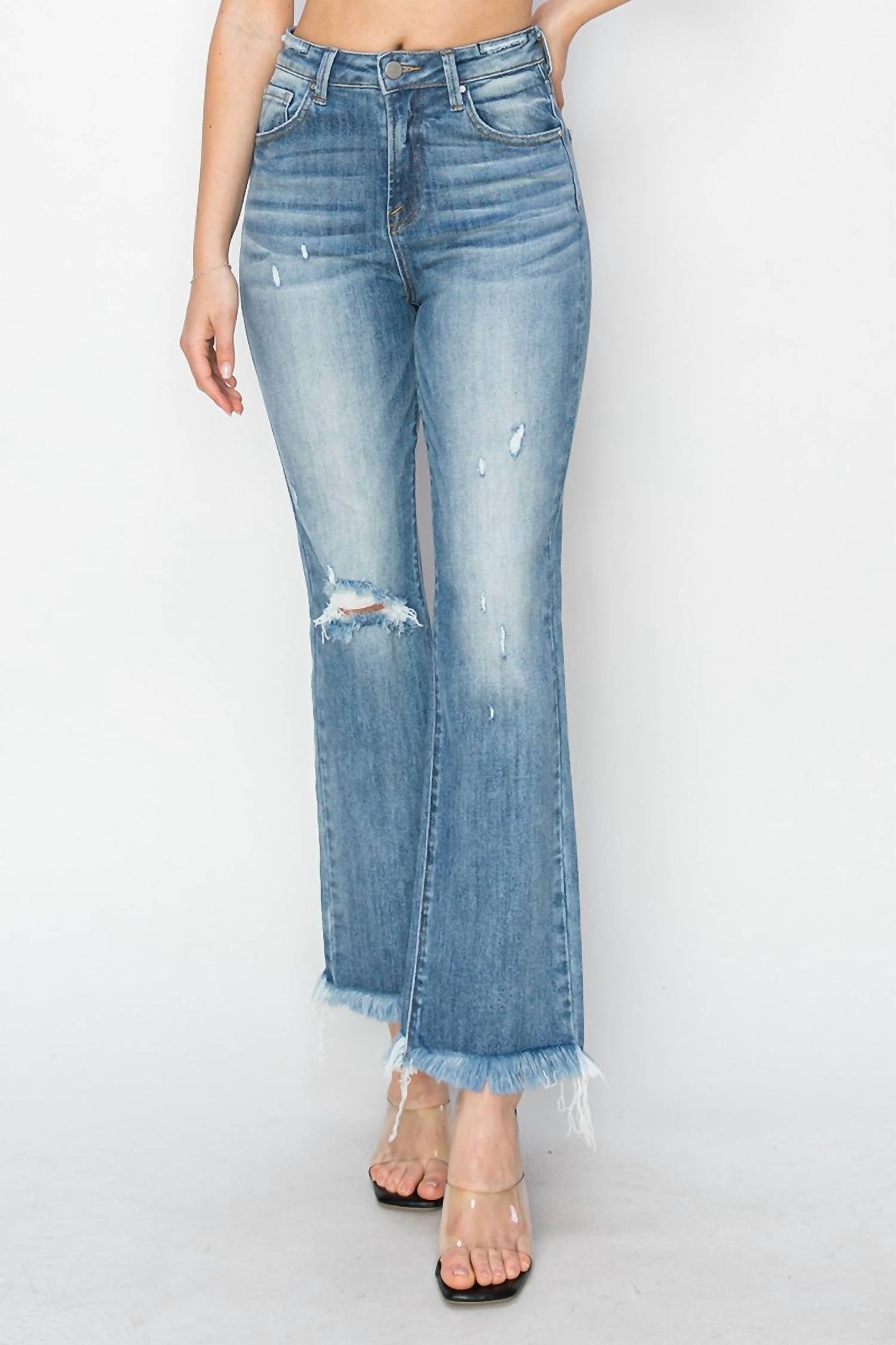 Risen - High Rise Crop Bootcut Fray Jeans