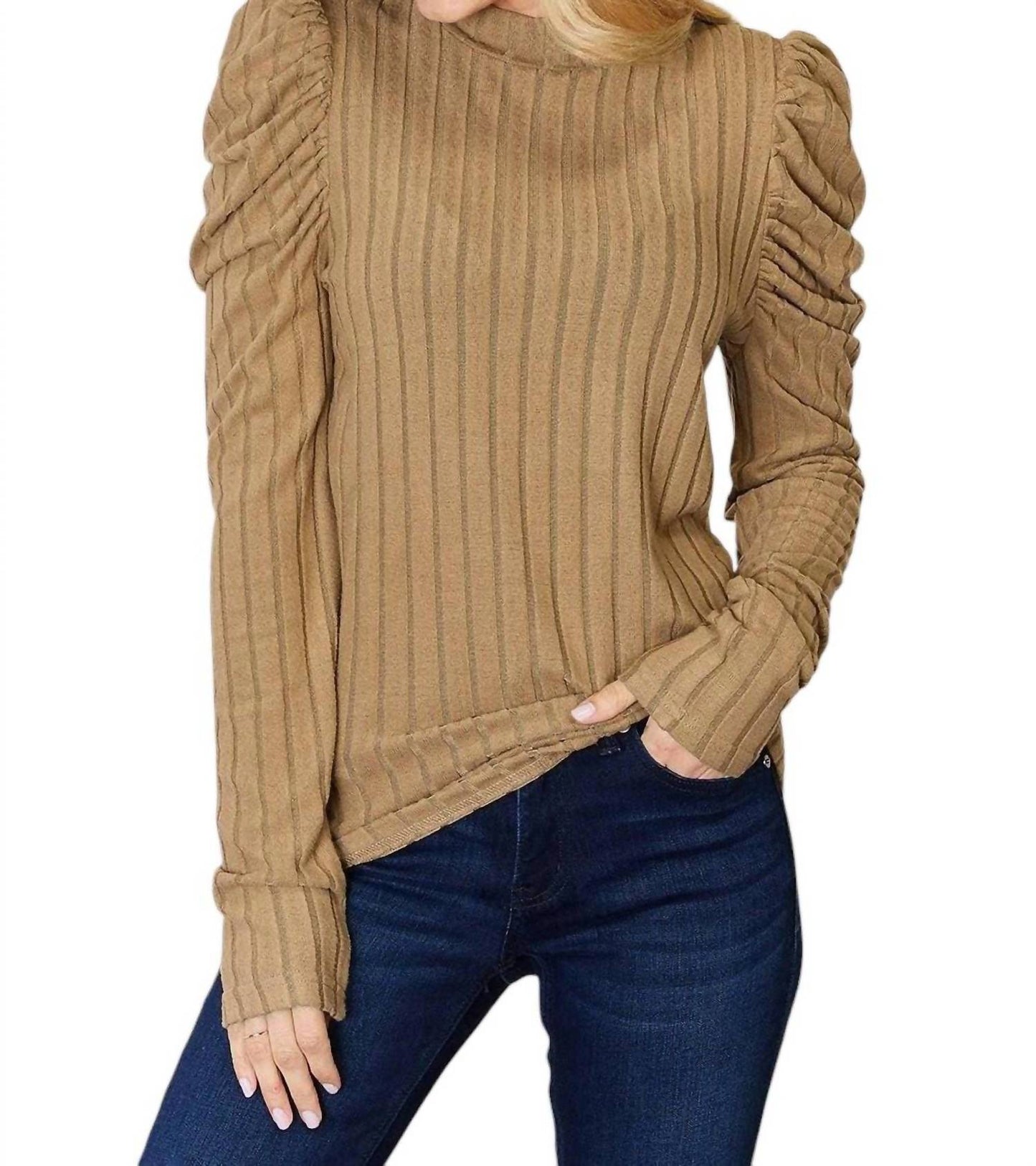 Basic Bae - Ribbed Mock Neck Top With Puff Sleeves