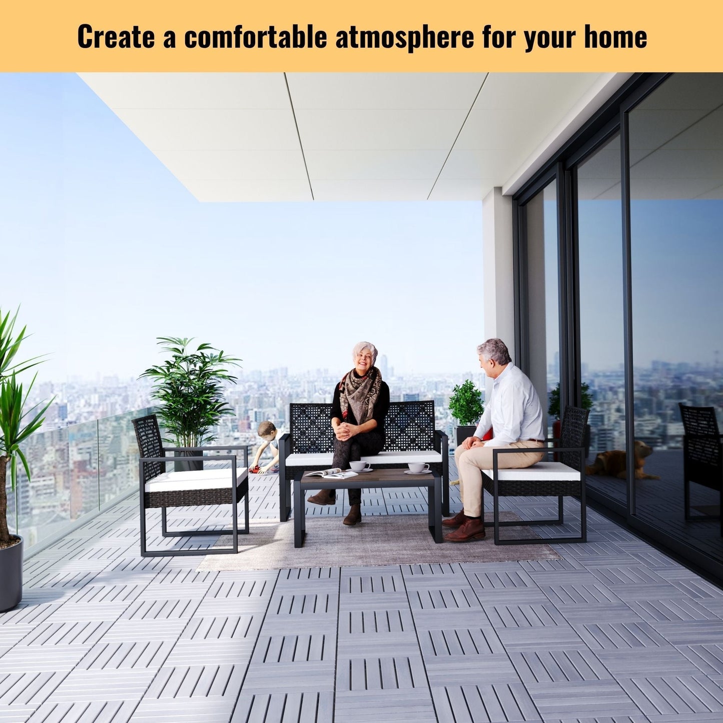 Interlocking Deck Tiles Striped Pattern Waterproof Brown