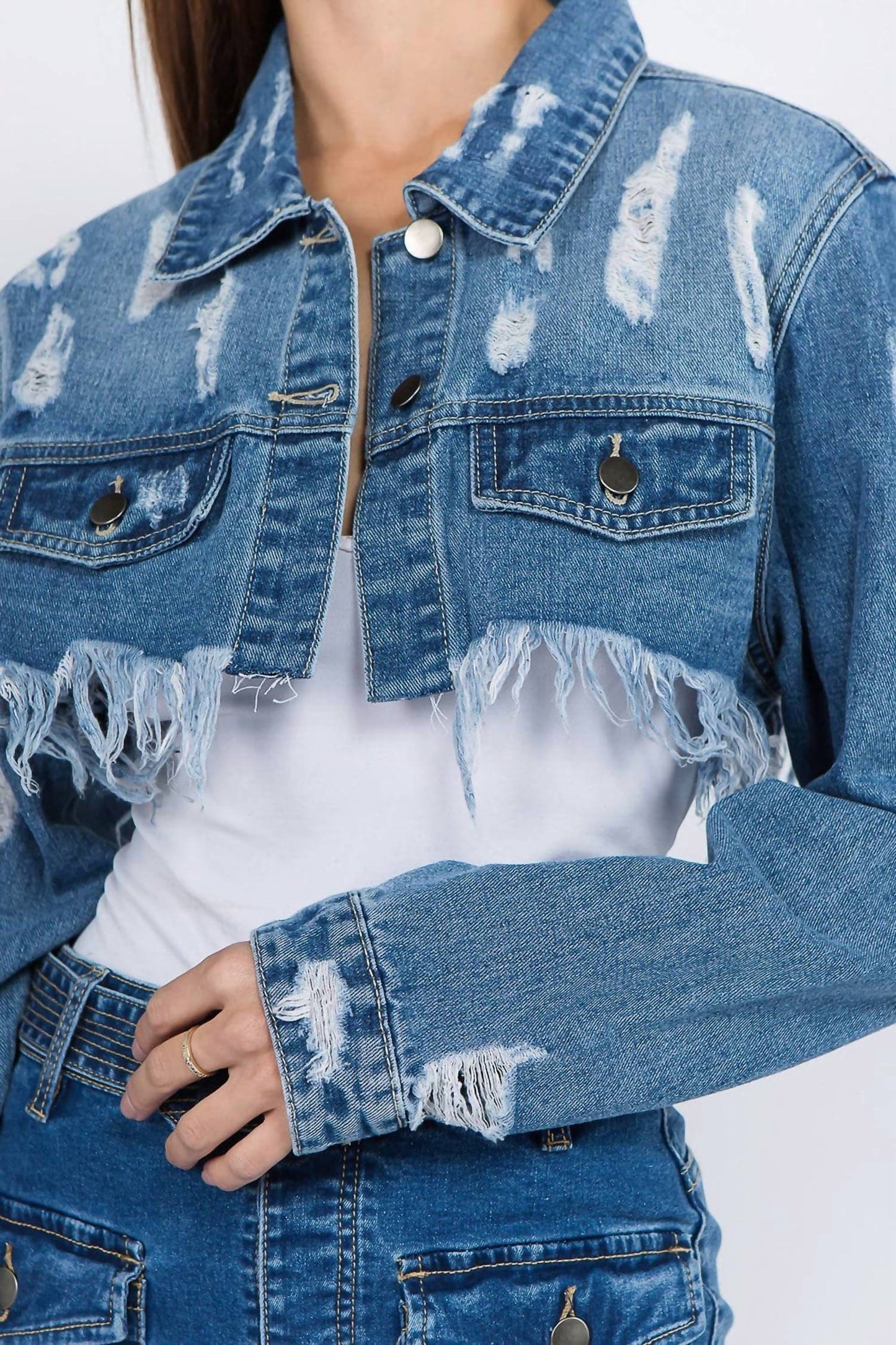American Bazi - Chic Cropped Distressed Denim Jacket