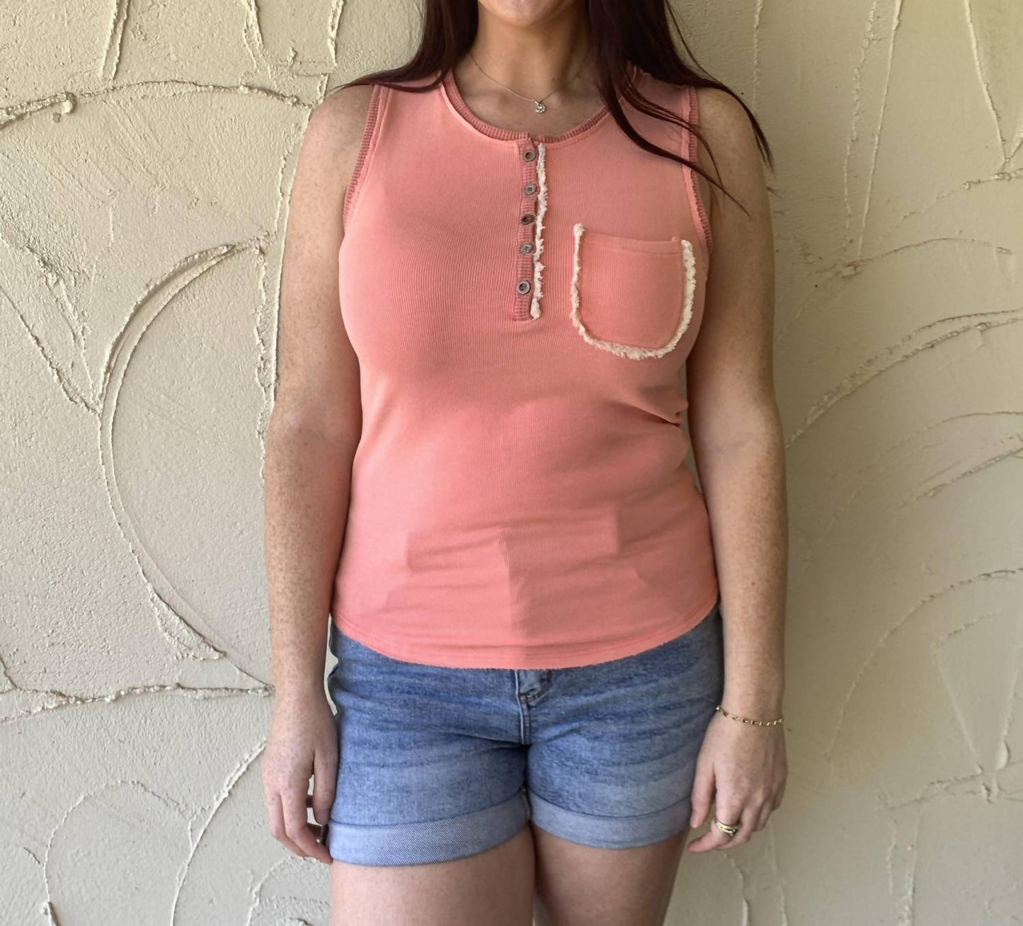 Pol - Button Front Tank With Lace Detail