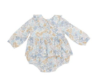 Angel Dear - Baby Girl Edith’s Floral Ruffled Bubble Romper With Peter Pan Collar & Skirt