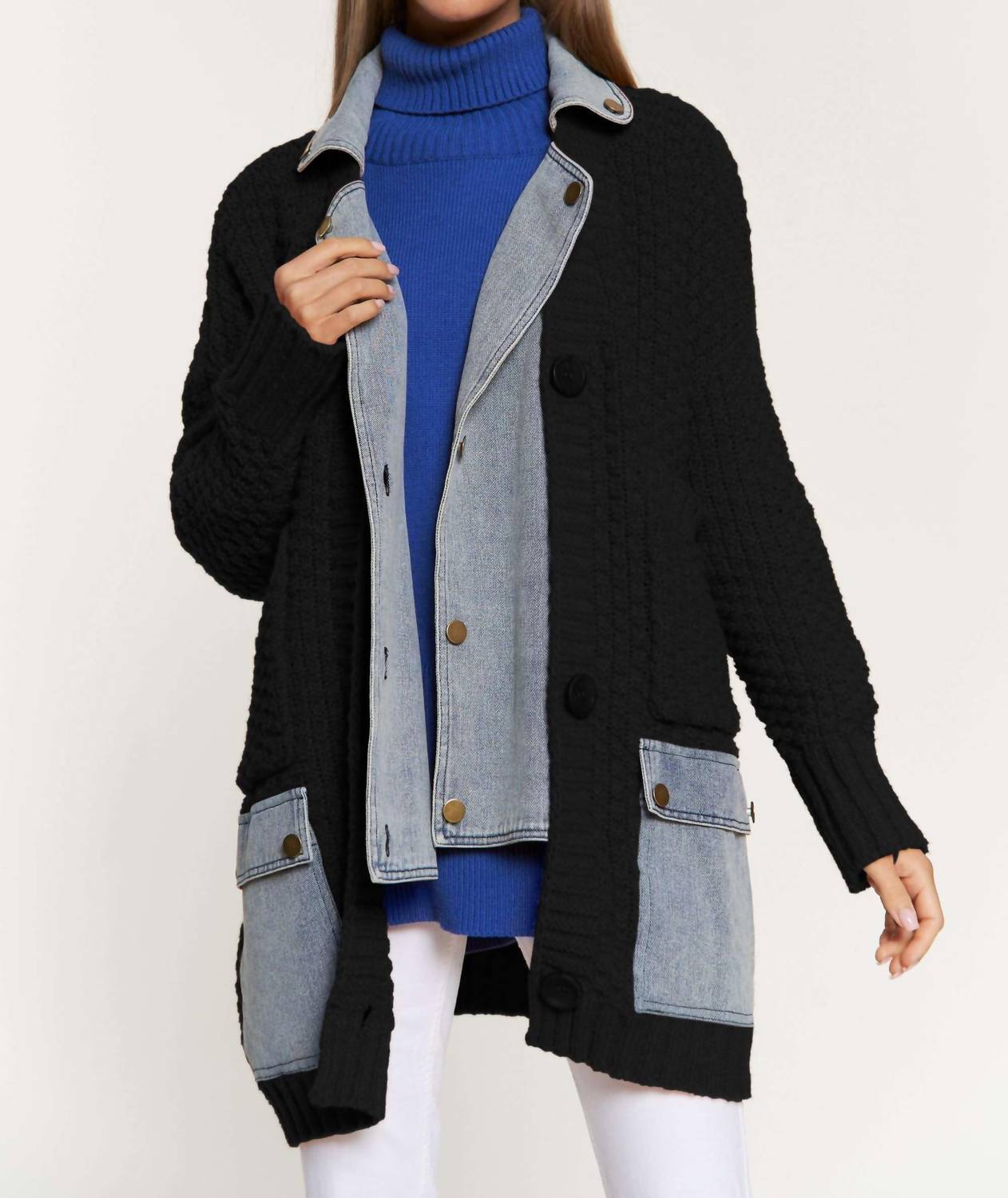 Davi & Dani - DENIM COLLAR AND POCKET KNIT CARDIGAN