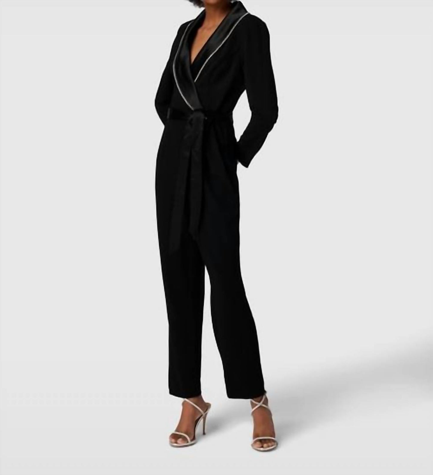 Adrianna Papell - Long Sleeve Embellished Collar Knit Crepe Jumpsuit