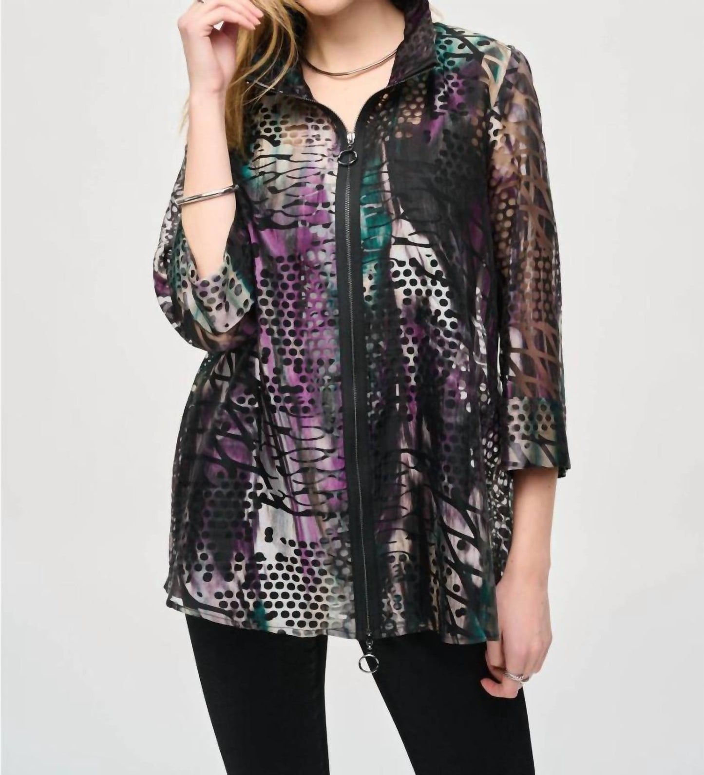 Joseph Ribkoff - Abstract Print Zip Front Organza Jacket
