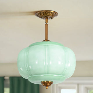 1Light Retro Antique Brass Pumpkin Shaped Flush Mount Ceiling LightPendant Light with MilkGreen Glass for KitchenDining Room