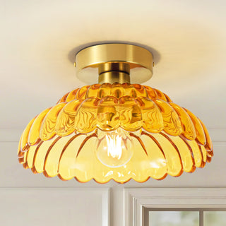 1Light Vintage Brass Finish Metal SemiFlush Mount Ceiling Light with AmberGreenGreyClear Glass Shade for Kitchen Hallway