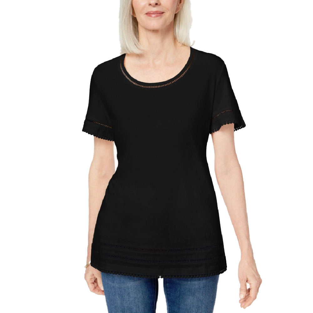 Camiseta feminina Karen Scott Ladder Inset, preta, tamanho grande