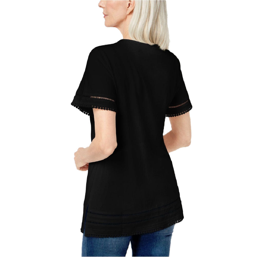 Camiseta feminina Karen Scott Ladder Inset, preta, tamanho grande