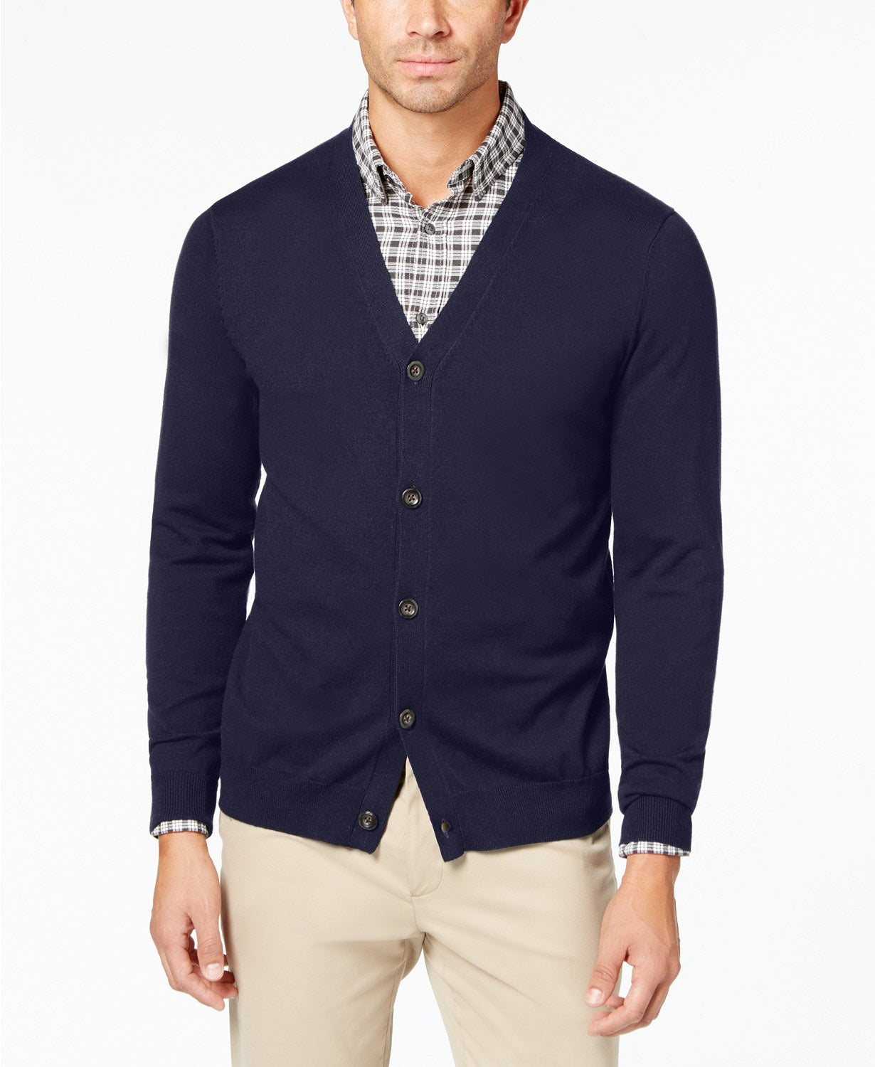 Cardigan masculino de malha com decote em V, azul-marinho, tamanho 3, extra grande